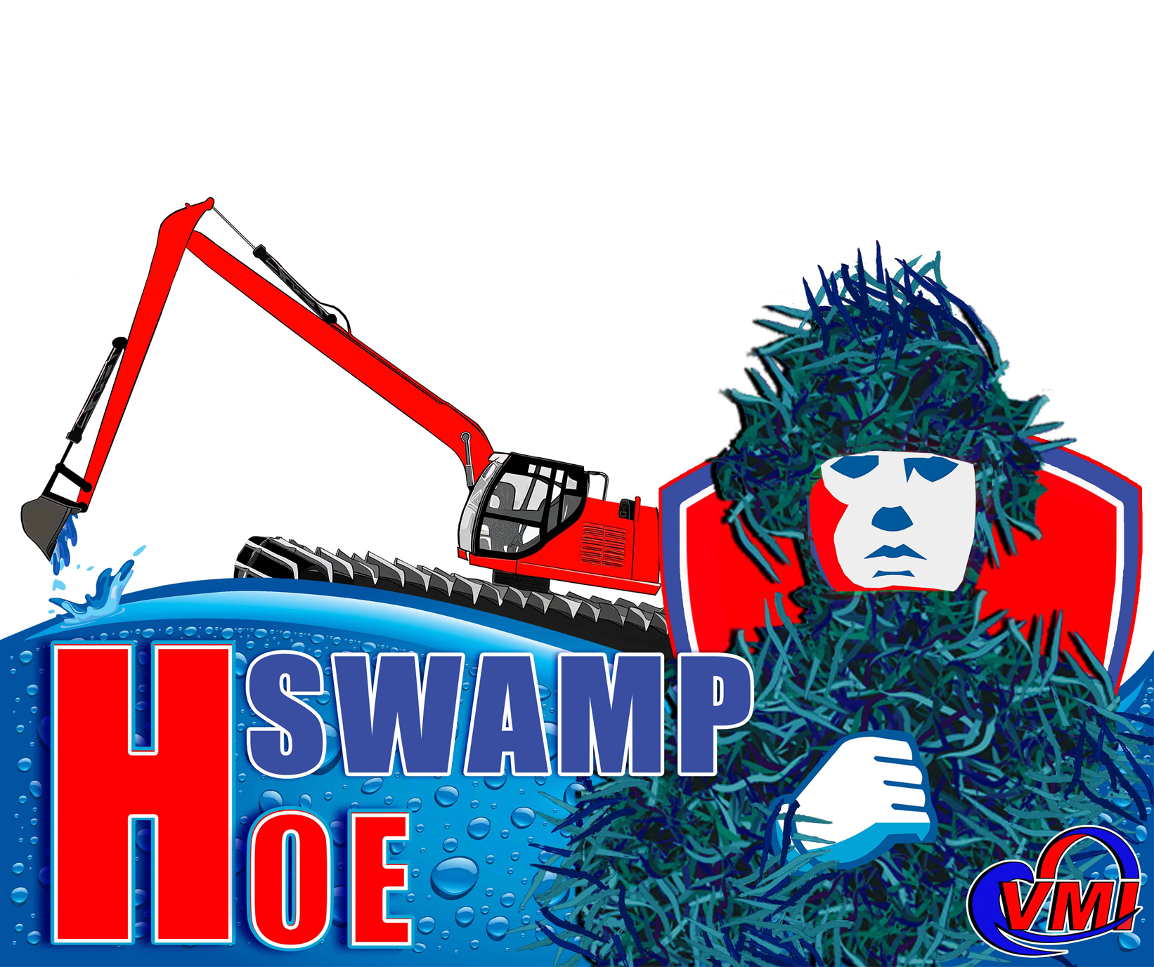 VMI Dredges logo featuring Guy the Dredge Guy, a mascot character representing VMI Dredges. Guy is depicted in camo with a Swamp Hoe Excavator, highlighting the equipment's efficiency and ruggedness. 